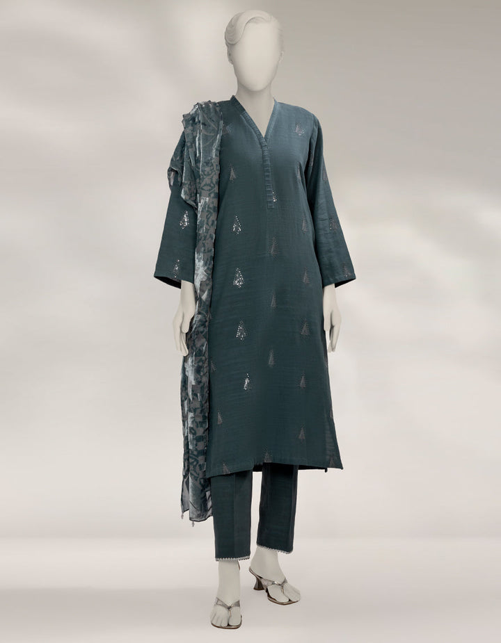 Khaddar Slub Green Stitched Suit - J. Junaid Jamshed