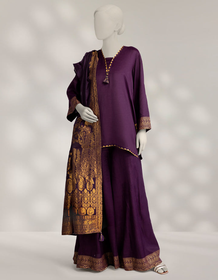 Maple Silk Purple Stitched Suit - J. Junaid Jamshed