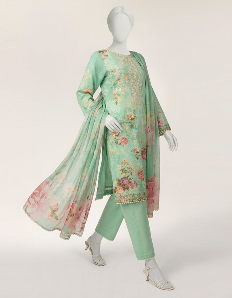 Lawn Ice Green Stitched Suit - J. Junaid Jamshed