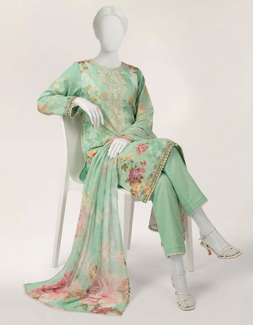 Lawn Ice Green Stitched Suit - J. Junaid Jamshed