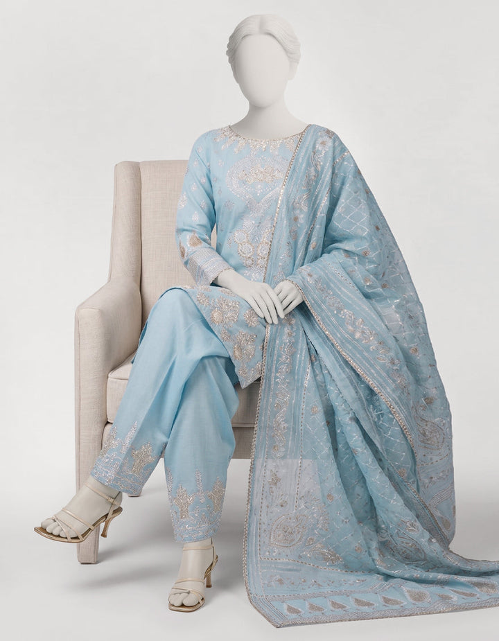Raw Silk Sky Blue Stitched Suit - J. Junaid Jamshed
