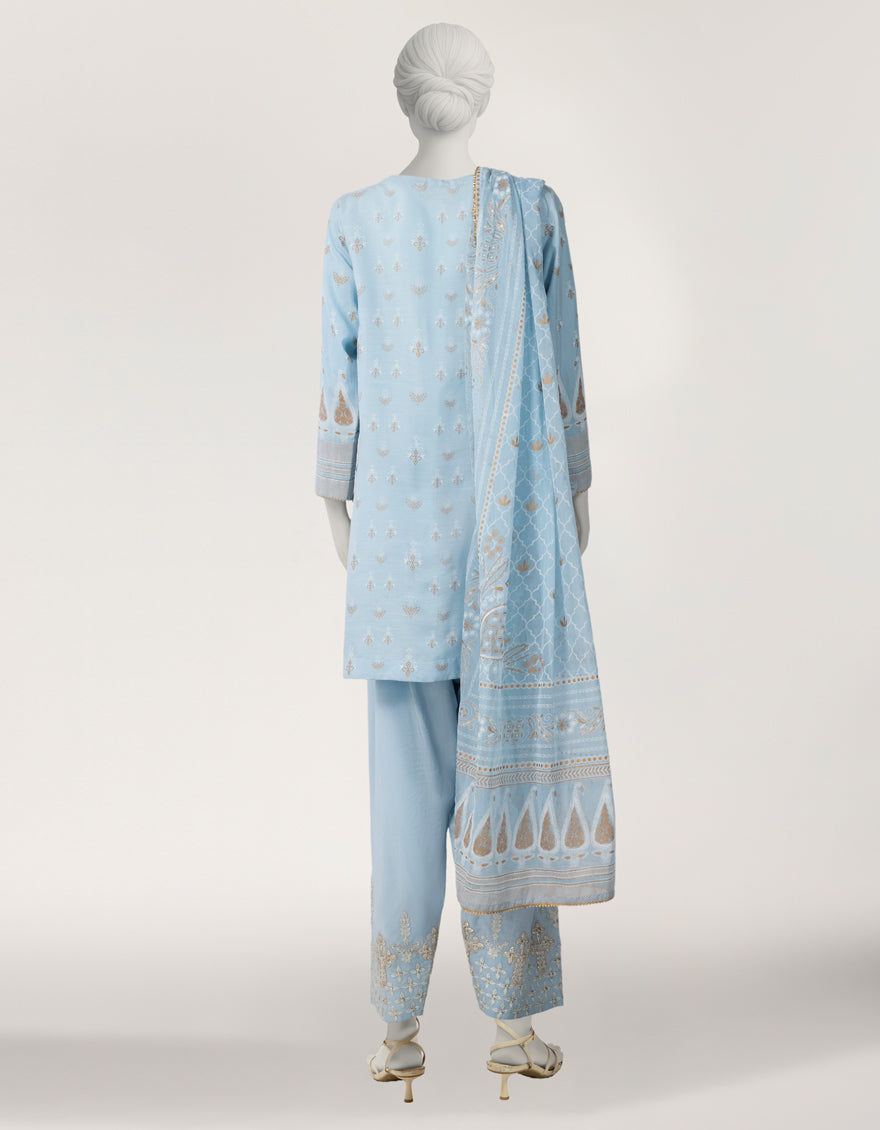 Raw Silk Sky Blue Stitched Suit - J. Junaid Jamshed