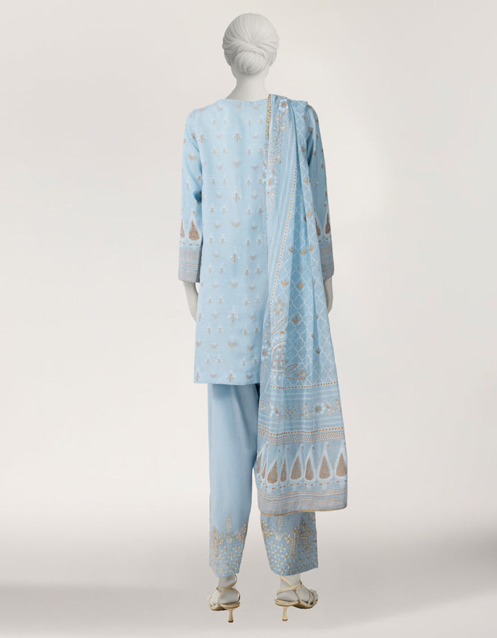 Raw Silk Sky Blue Stitched Suit - J. Junaid Jamshed