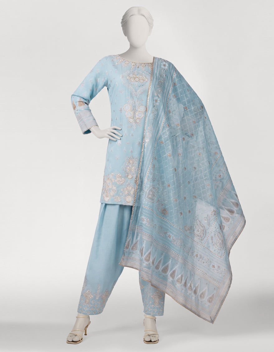 Raw Silk Sky Blue Stitched Suit - J. Junaid Jamshed