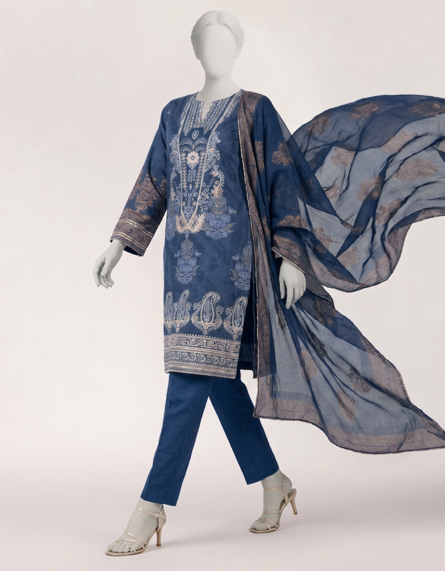 Raw Silk Blue Stitched Suit - J. Junaid Jamshed