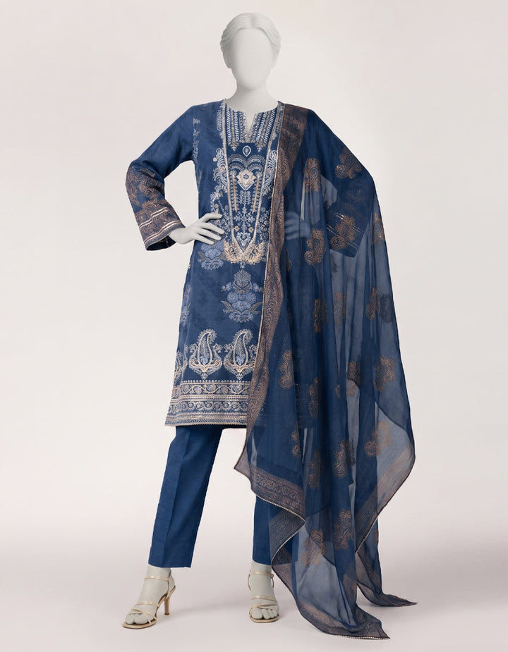 Raw Silk Blue Stitched Suit - J. Junaid Jamshed