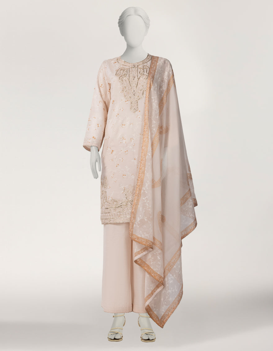 Raw Silk Peach Stitched Suit - J. Junaid Jamshed