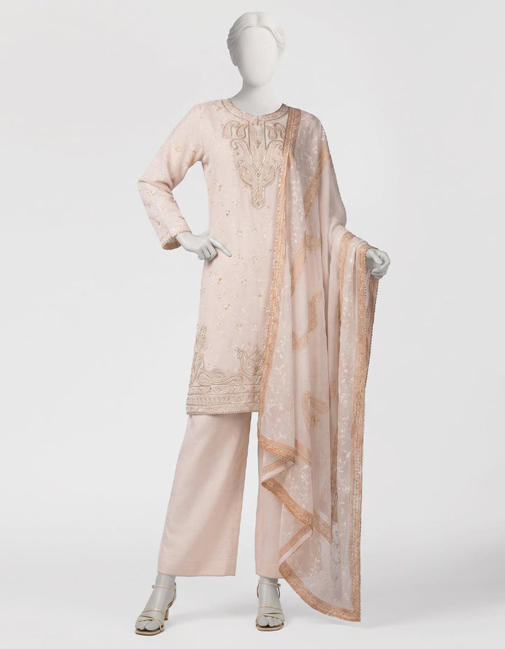 Raw Silk Peach Stitched Suit - J. Junaid Jamshed