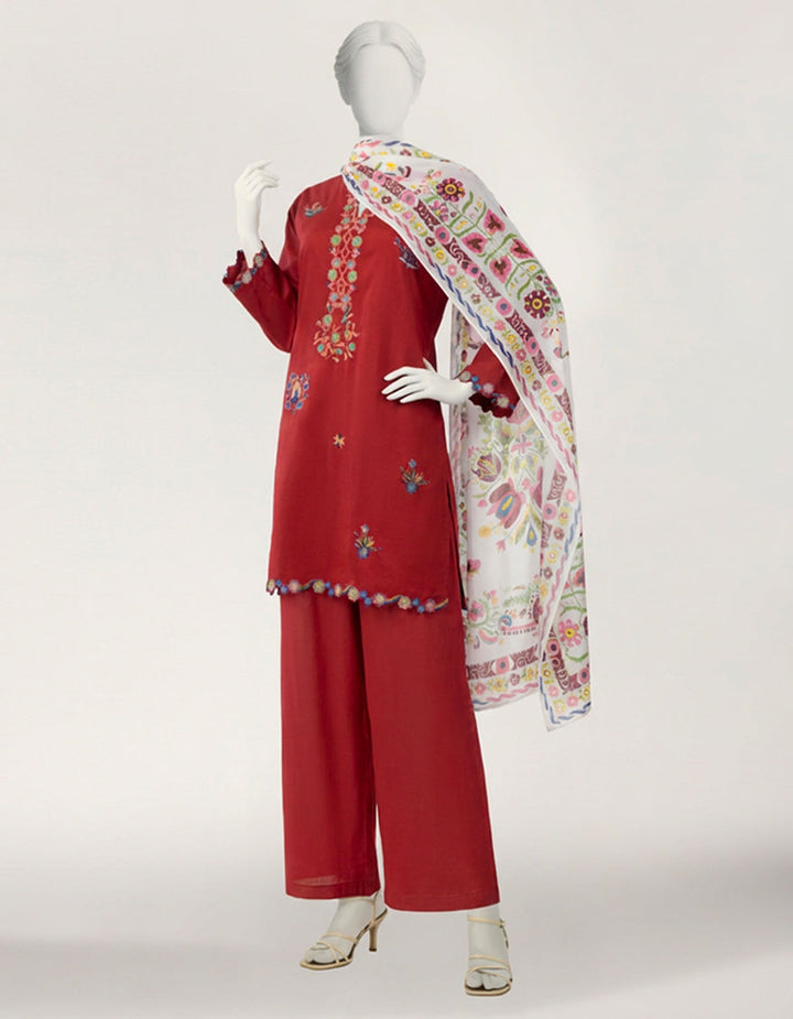 Lawn Maroon Stitched Suit - J. Junaid Jamshed