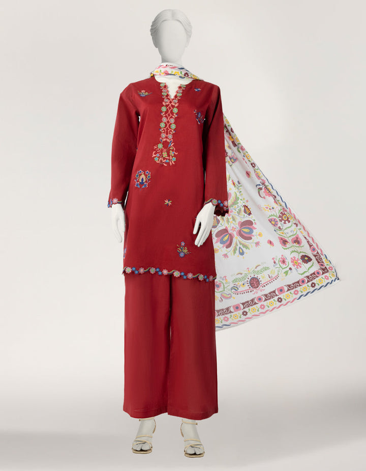 Lawn Maroon Stitched Suit - J. Junaid Jamshed