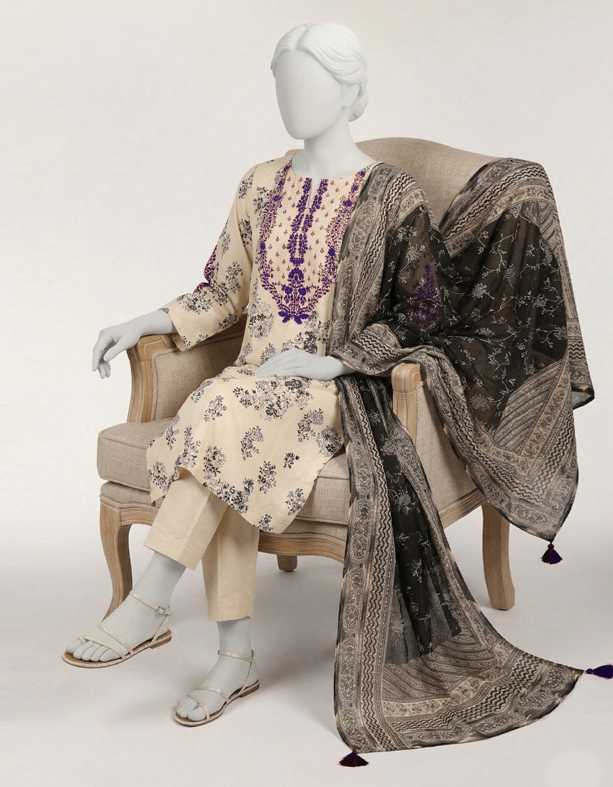 Lawn Beige Stitched Suit - J. Junaid Jamshed