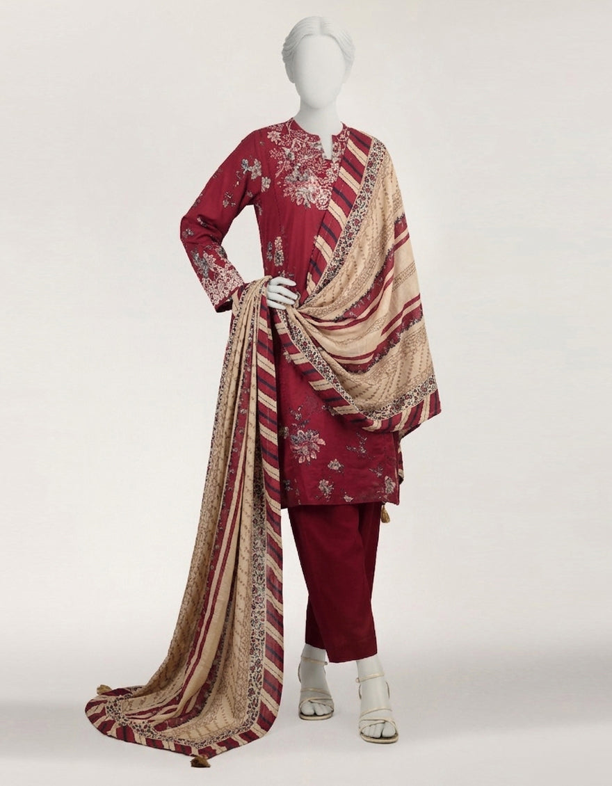 Lawn Maroon Stitched Suit - J. Junaid Jamshed