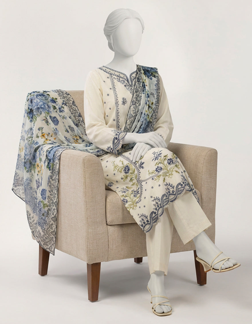 Lawn White Stitched Suit - J. Junaid Jamshed