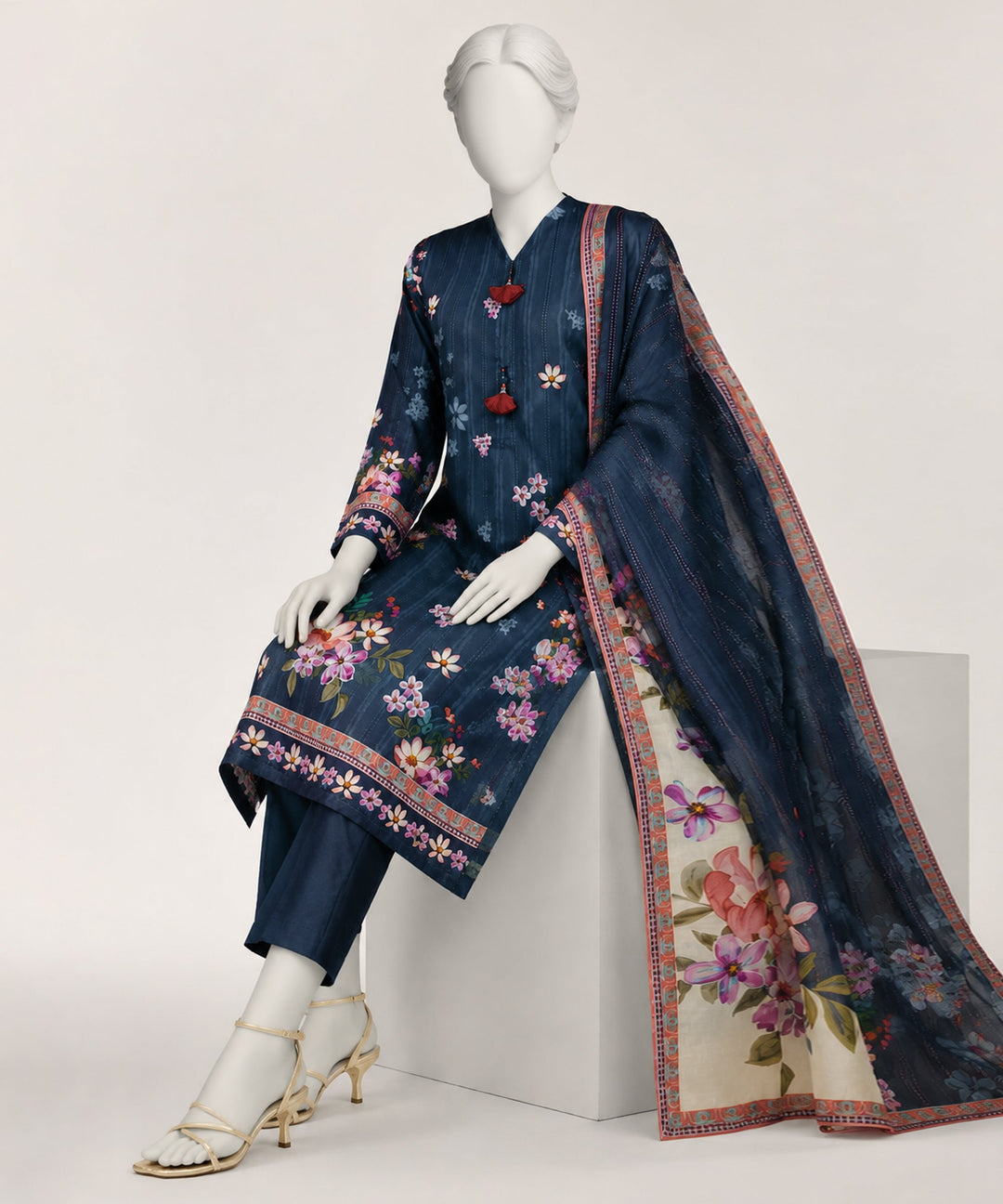 Lawn Dark Blue Stitched Suit - J. Junaid Jamshed