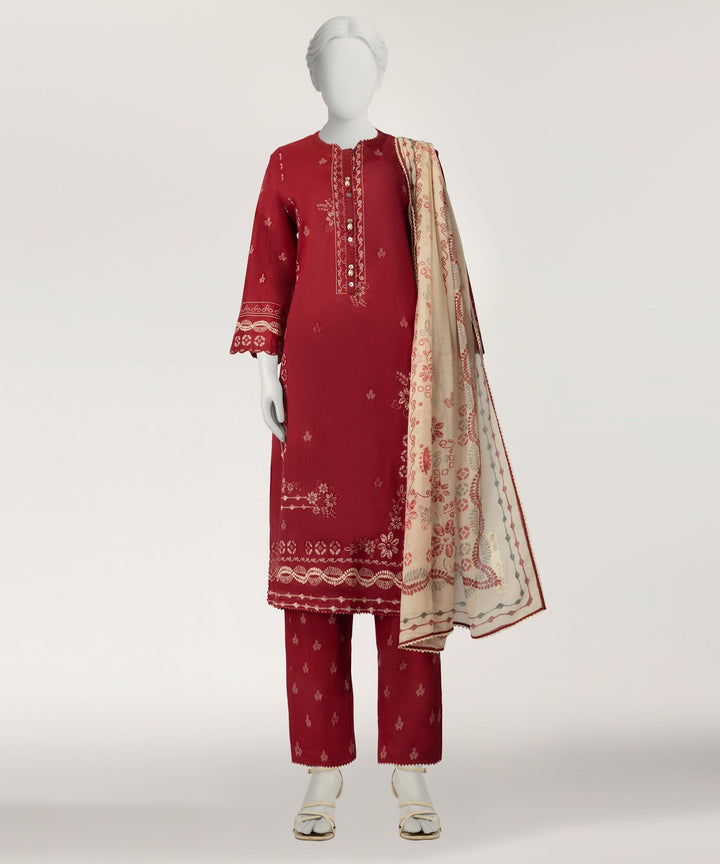 Lawn Red Stitched Suit - J. Junaid Jamshed