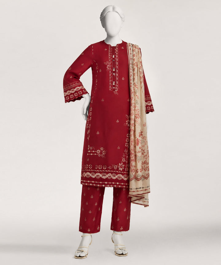 Lawn Red Stitched Suit - J. Junaid Jamshed