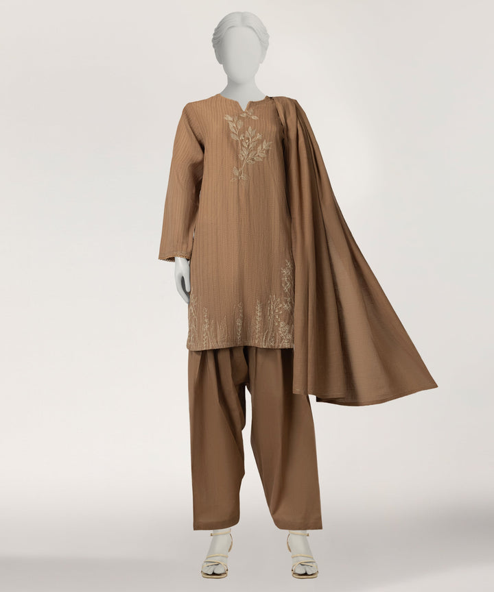 Dobby Brown Stitched Suit - J. Junaid Jamshed