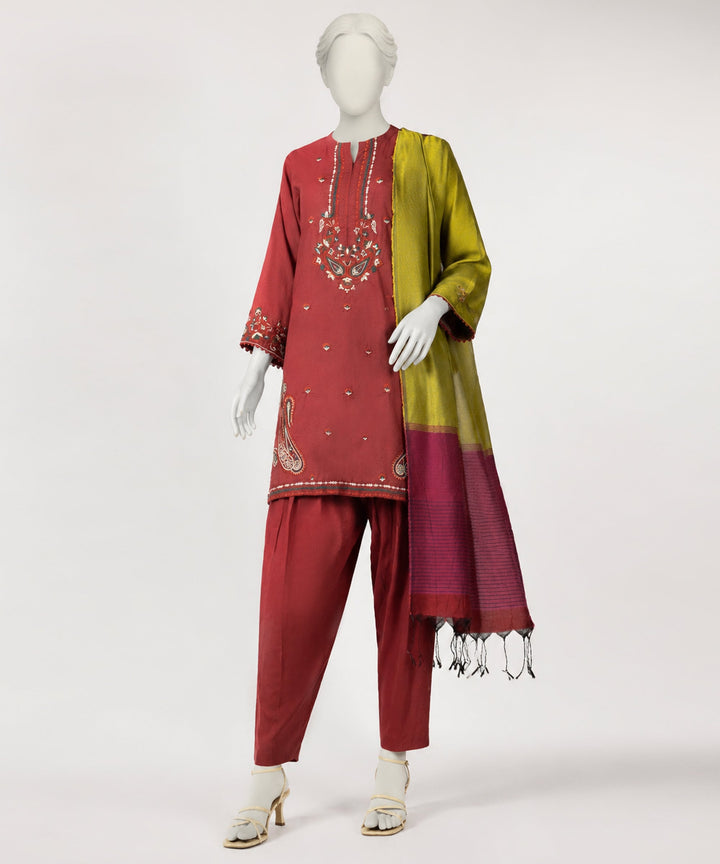 Jacquard Red Stitched Suit - J. Junaid Jamshed