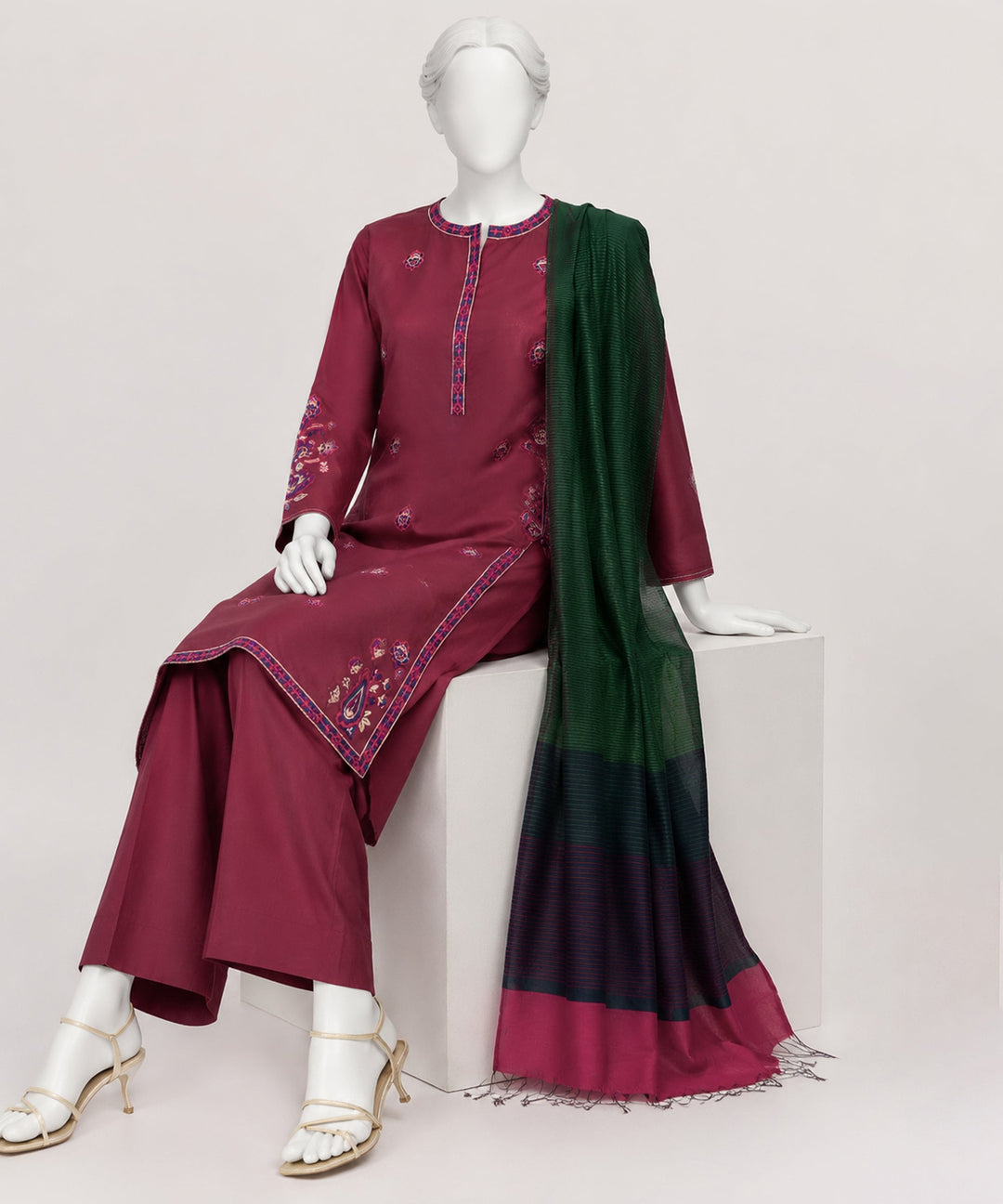 Jacquard Magenta Stitched Suit - J. Junaid Jamshed