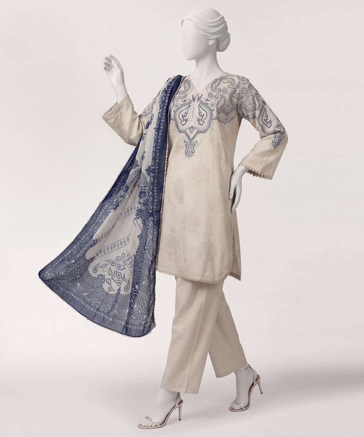 Dyed Jacquard Light Grey Stitched Suit - J. Junaid Jamshed