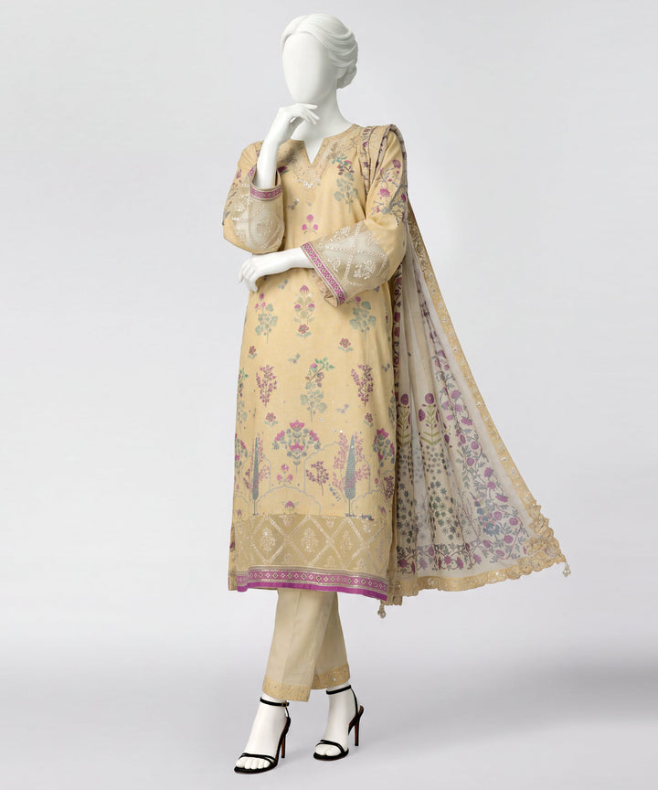 Cotton Viscose Light Yellow Stitched Suit - J. Junaid Jamshed