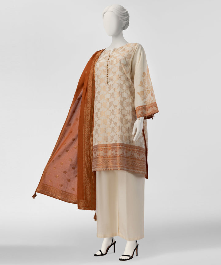 Jacquard Cream Stitched Suit - J. Junaid Jamshed