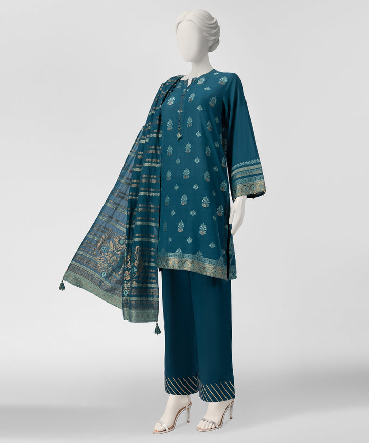 Jacquard Teal Stitched Suit - J. Junaid Jamshed