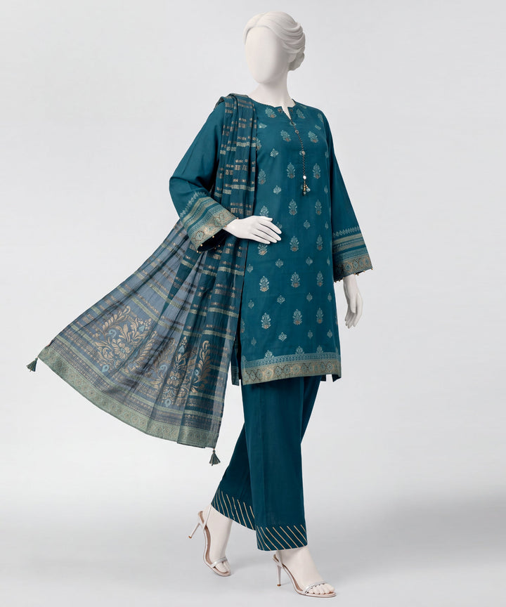 Jacquard Teal Stitched Suit - J. Junaid Jamshed
