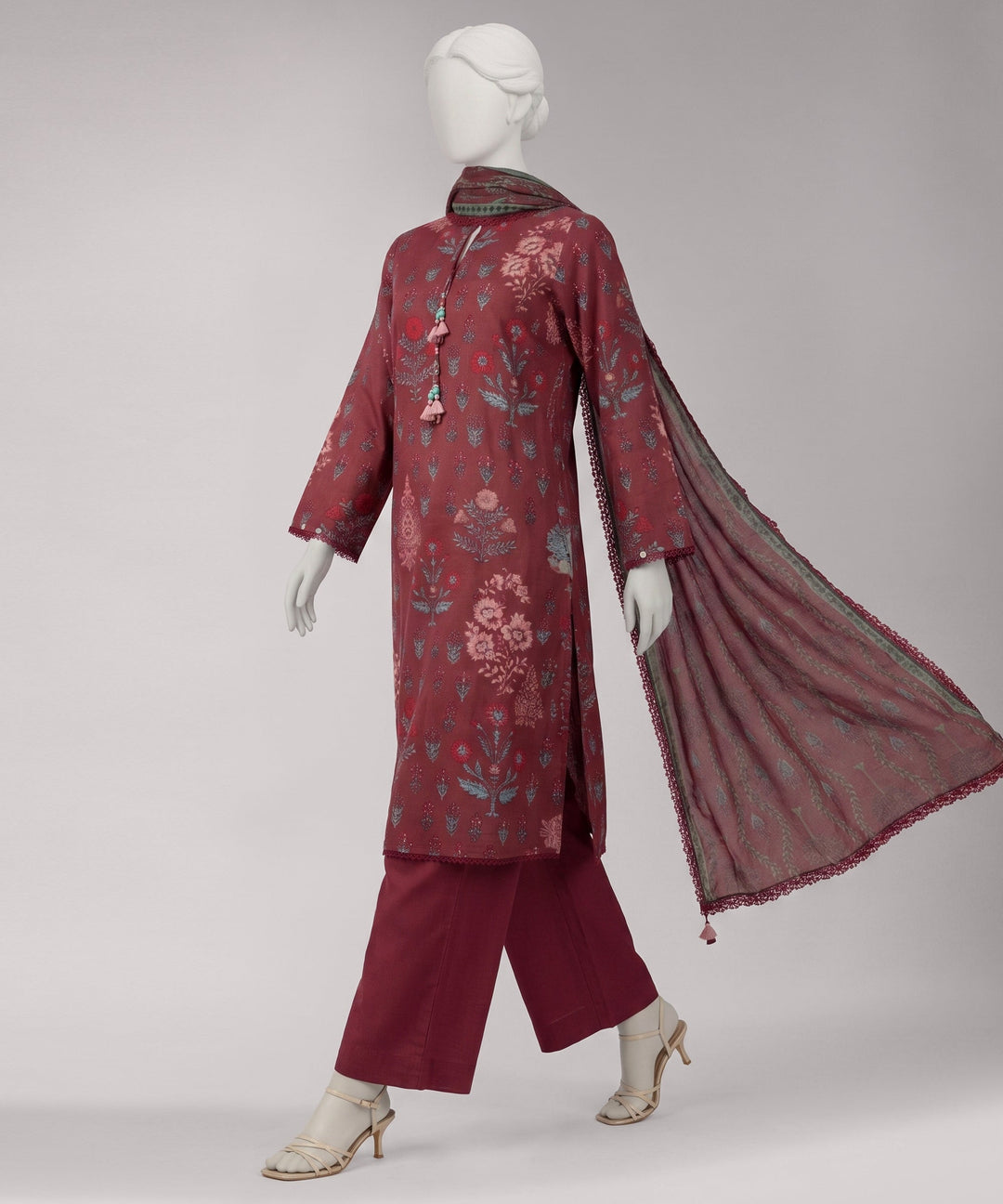 Lawn Maroon Unstitched Suit - J. Junaid Jamshed