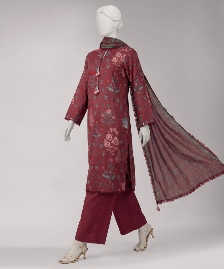 Lawn Maroon Unstitched Suit - J. Junaid Jamshed