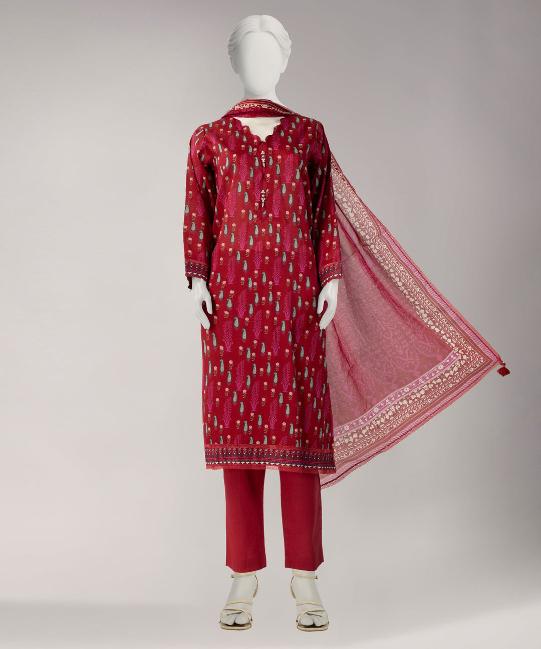 Lawn Red Unstitched Suit - J. Junaid Jamshed