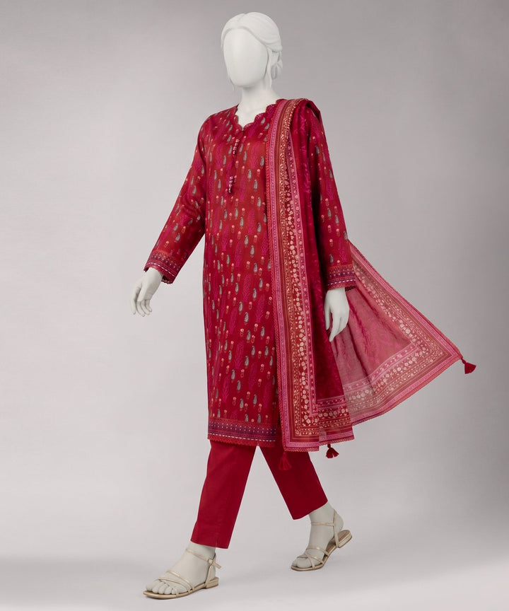 Lawn Red Unstitched Suit - J. Junaid Jamshed