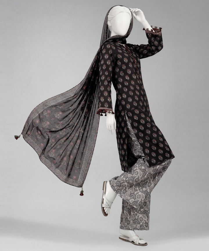 Lawn Black Unstitched Suit - J. Junaid Jamshed