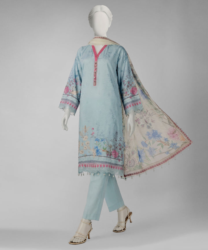 Lawn Blue Unstitched Suit - J. Junaid Jamshed