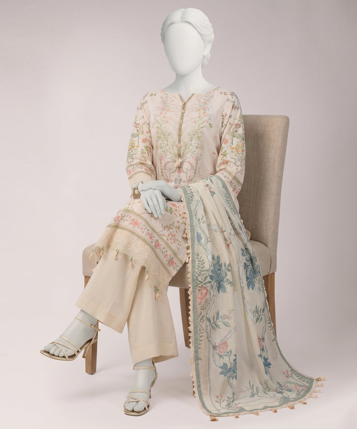 Lawn Ivory Unstitched Suit - J. Junaid Jamshed
