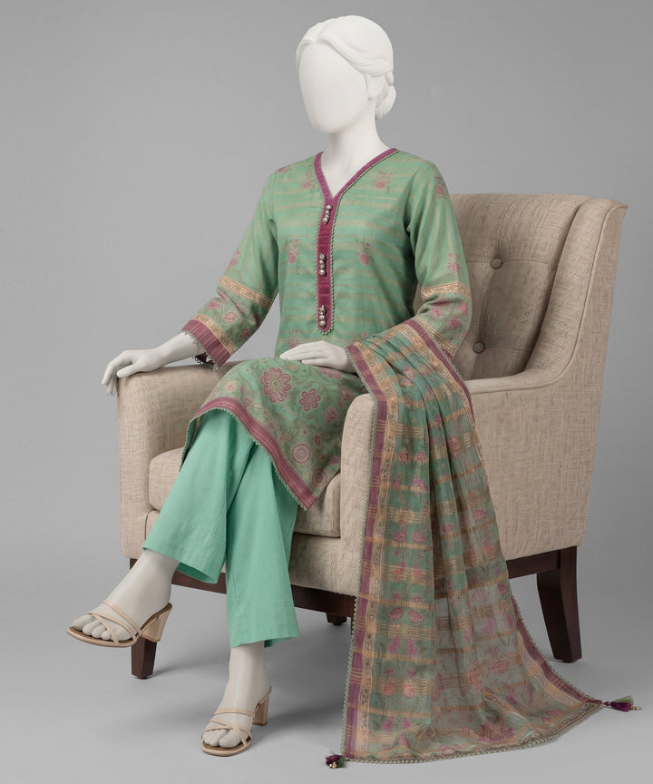 Jacquard Green Unstitched Suit - J. Junaid Jamshed
