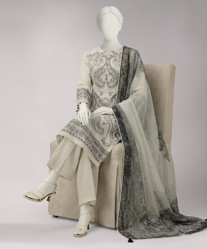 Lawn Ivory Unstitched Suit - J. Junaid Jamshed