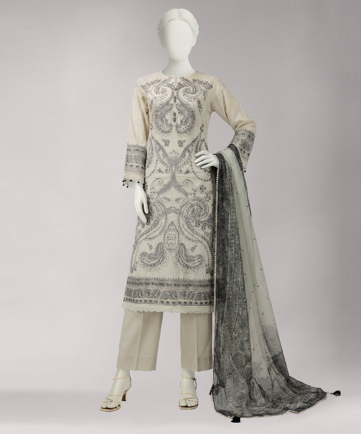 Lawn Ivory Unstitched Suit - J. Junaid Jamshed