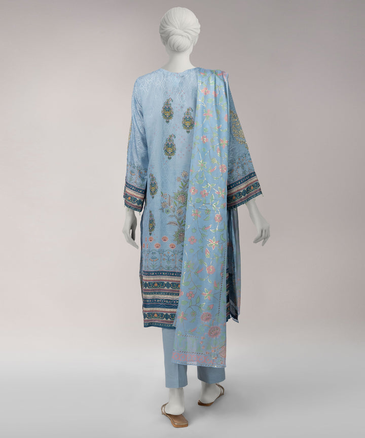 Poly Jacquard Sky Blue Unstitched Suit - J. Junaid Jamshed