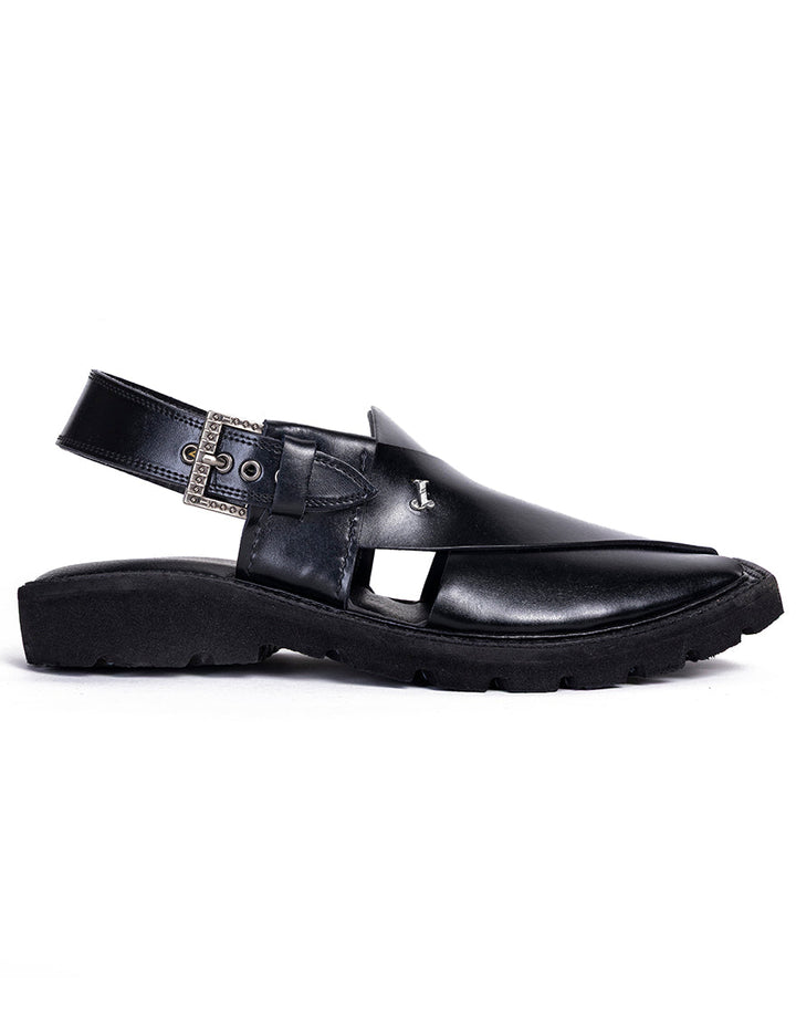Plain Black Peshawari Chappal - J. Junaid Jamshed