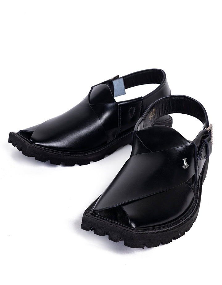 Plain Black Peshawari Chappal - J. Junaid Jamshed