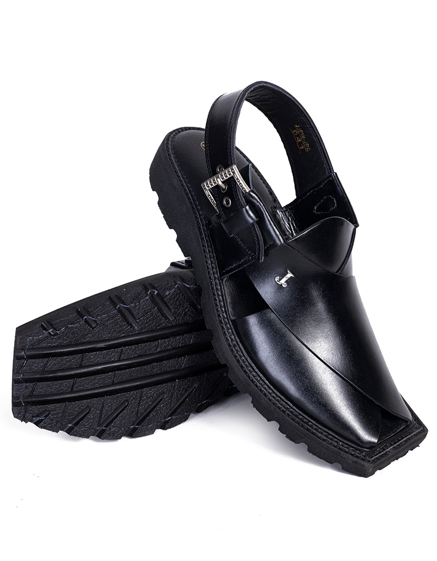 Plain Black Peshawari Chappal - J. Junaid Jamshed