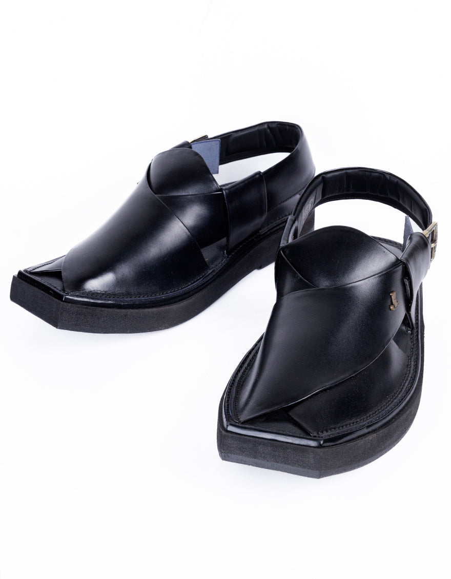 Plain Black Peshawari Chappal - J. Junaid Jamshed