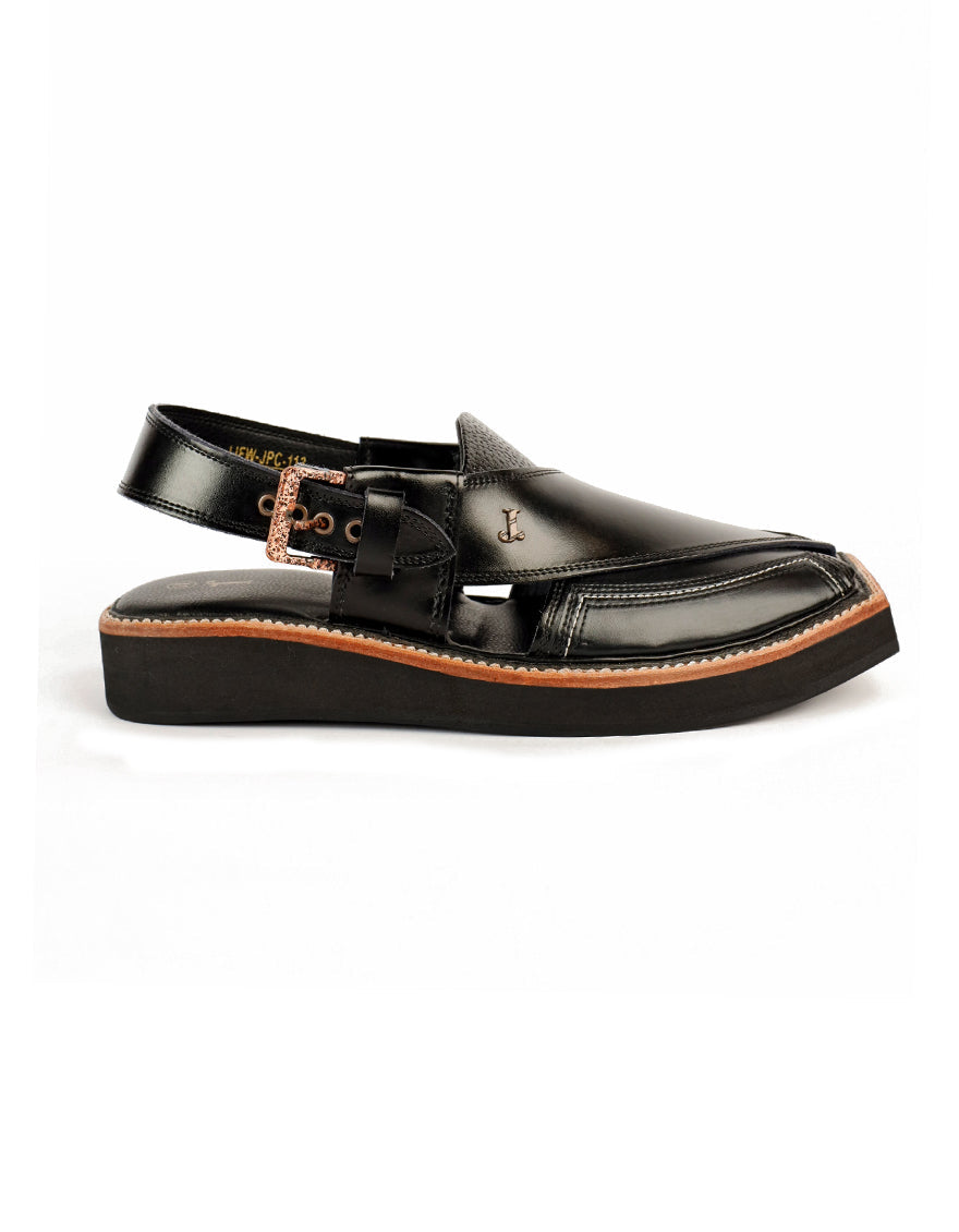Shiny Black Peshawari Chappal - J. Junaid Jamshed