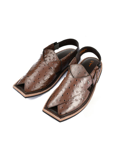 Textured Chocolate Brown Peshawari Chappal - J. Junaid Jamshed