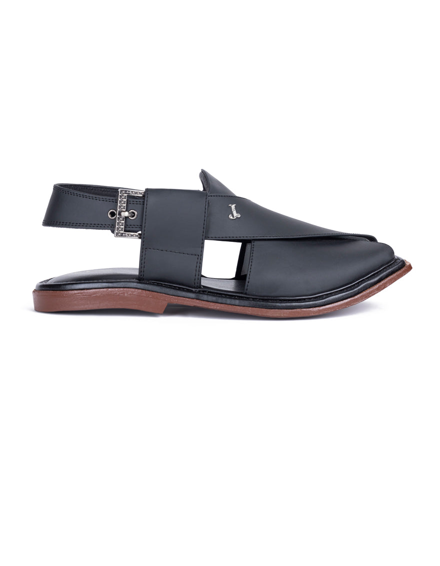 Plain Matt Black Peshawari Chappal - J. Junaid Jamshed