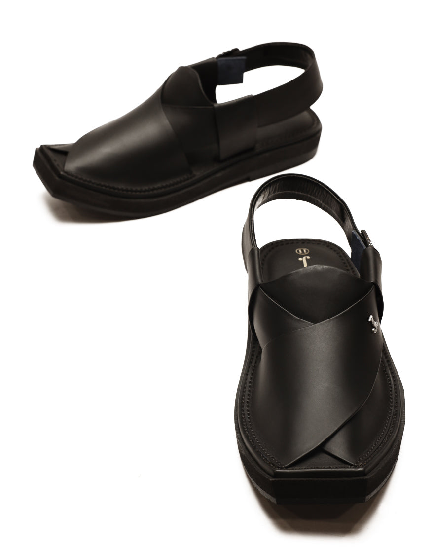 Plain Matt Black Peshawari Chappal - J. Junaid Jamshed