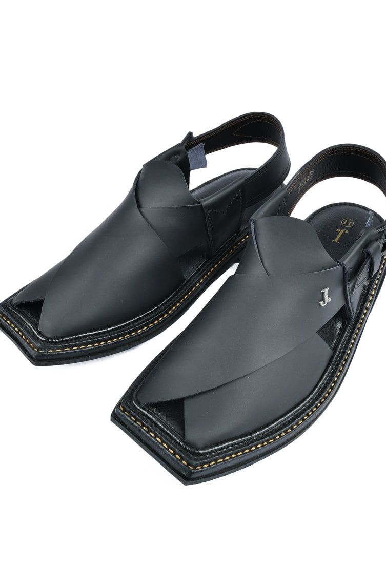 Plain Black Peshawari Chappal - J. Junaid Jamshed