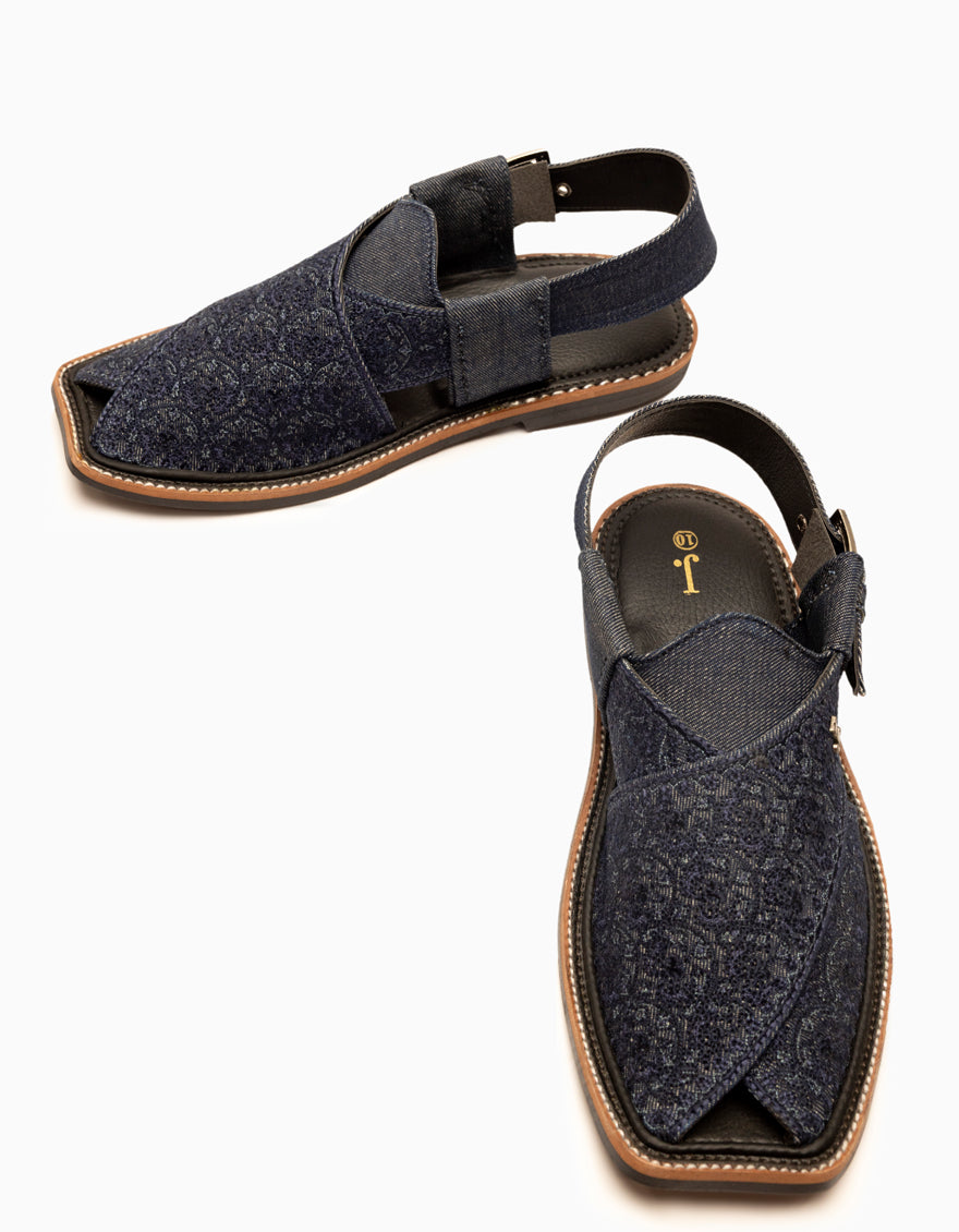 Plain Denim Blue Peshawari Chappal - J. Junaid Jamshed