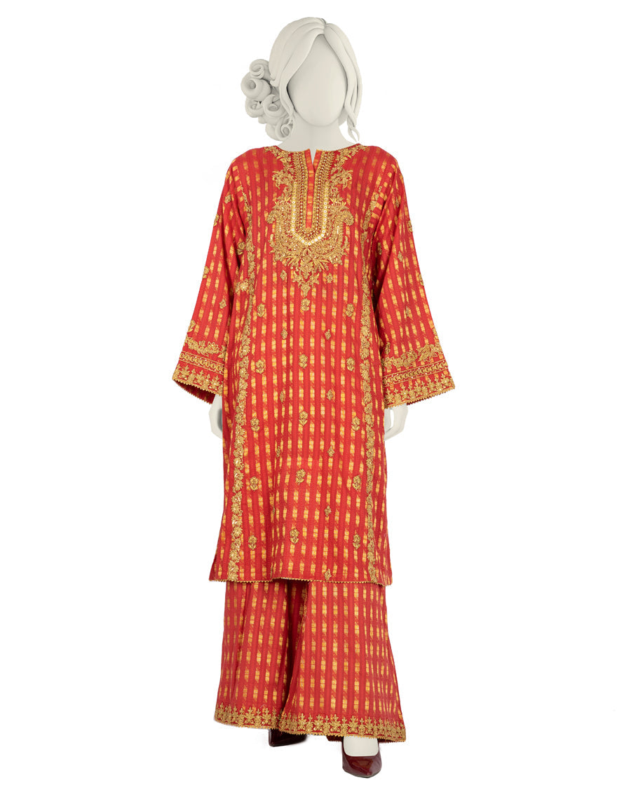 Jacquard Red Stitched Suit - J. Junaid Jamshed